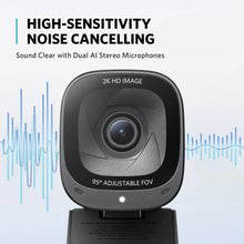 Black 2K HD webcam with dual microphone audio wave graphic