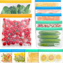 Clear snack storage bags with blue, green, and orange zip tops, shown with food inside