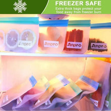 Thick clear freezer snack bags with blue zip tops, stored upright in a row