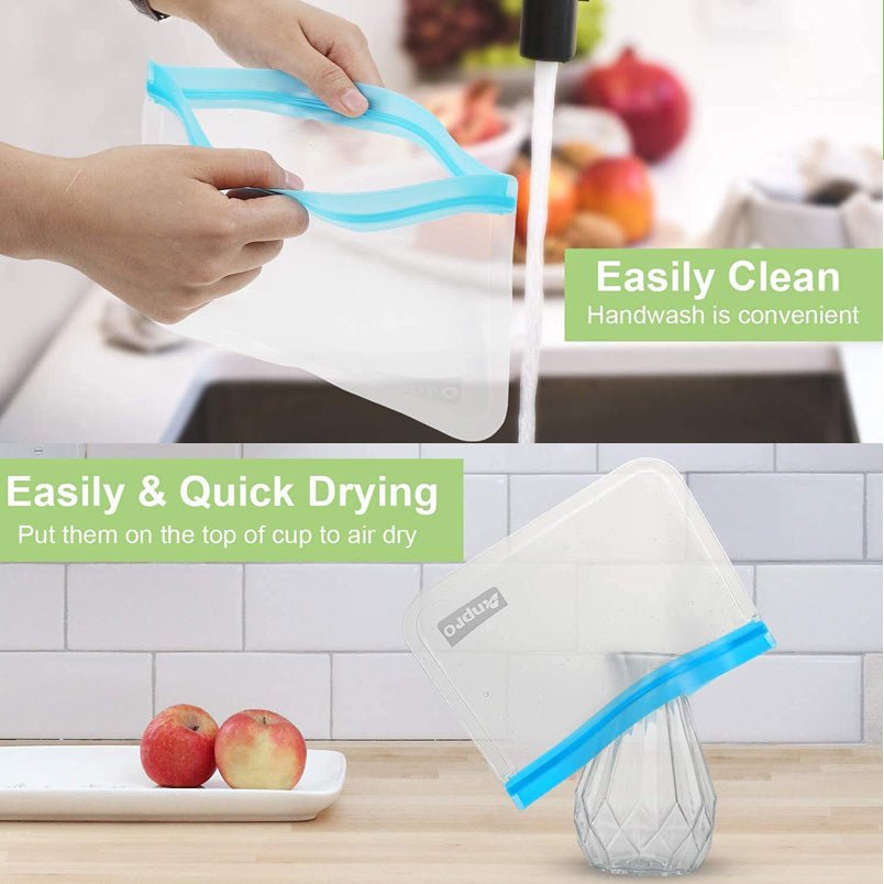 Huitich 10 pack eco-friendly snack bags being hand washed and air dried on a kitchen counter