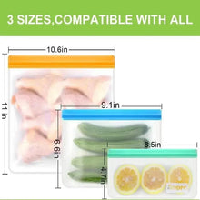Eco-friendly snack bags set, three sizes shown with orange, blue, and green seals