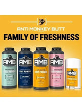 Row of AMB anti-chafing body powders and a carrying stick