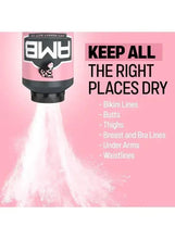 Anti-friction body powder bottle with visible white powder cloud