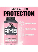 Anti-friction body powder bottle with pink label and sweat and friction icons