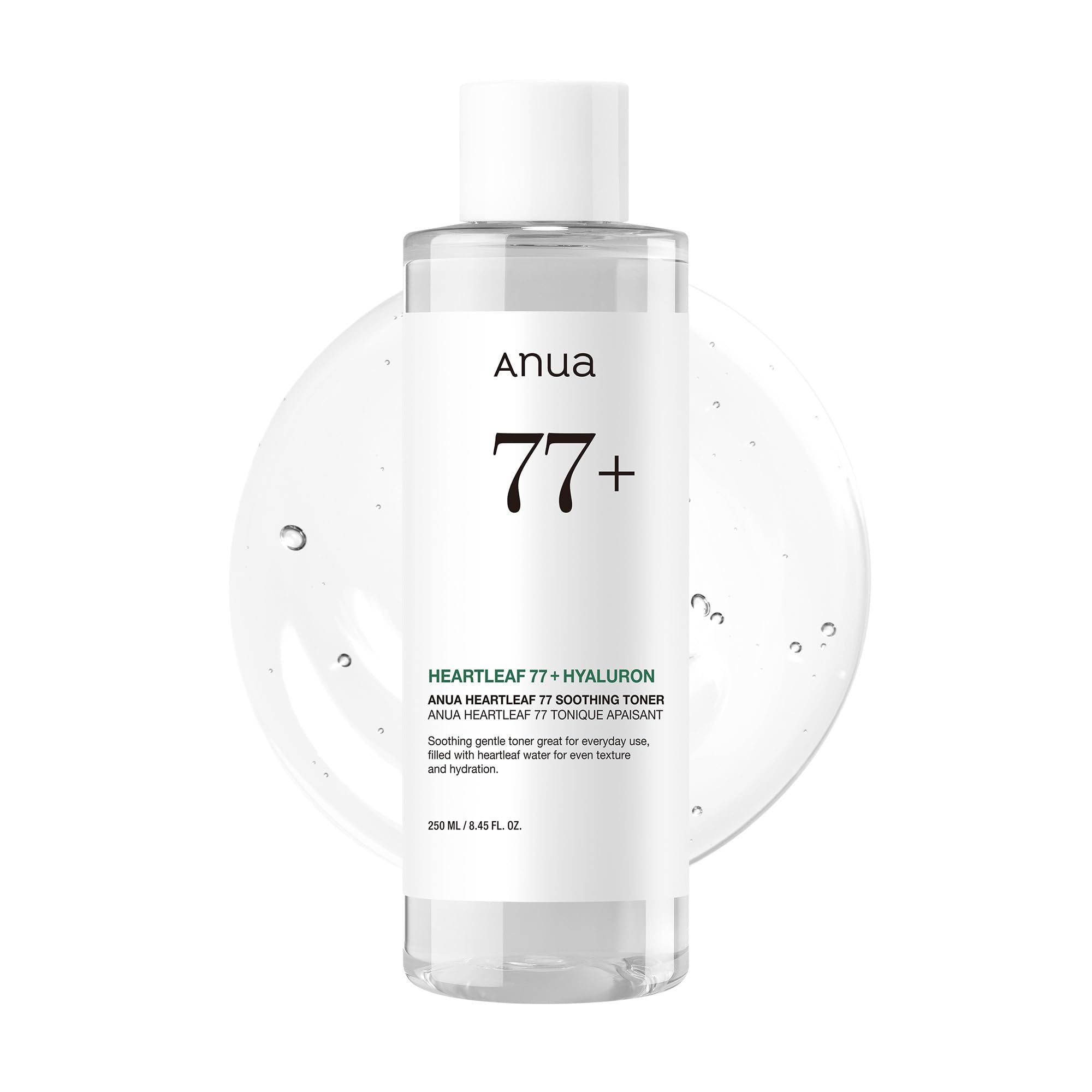 Anua Heartleaf 77 Soothing Toner clear bottle with white label and hydration gel background