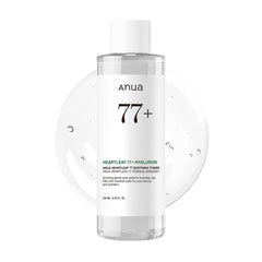 Anua Heartleaf 77 Soothing Toner clear bottle with white label and hydration gel background