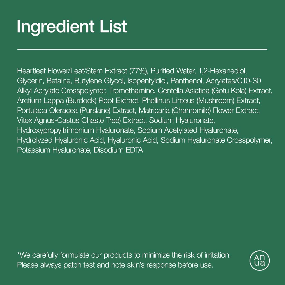 ANUA ingredient list for Anua Heartleaf 77 Soothing Toner showing natural extracts and hyaluronic acid blend