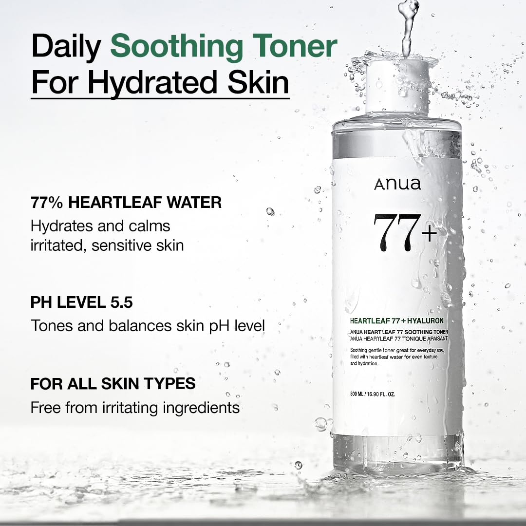 Anua Heartleaf 77 Soothing Toner bottle with water splash highlighting hydration and calming effects