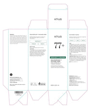 Anua 77+ toner packaging layout showing front and back panels