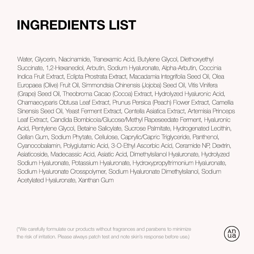 Ingredients list for tranexamic acid serum fragrance free including niacinamide, hyaluronic acid, and natural extracts