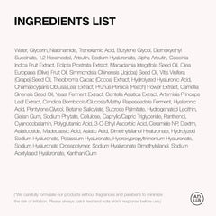 Ingredients list for tranexamic acid serum fragrance free including niacinamide, hyaluronic acid, and natural extracts