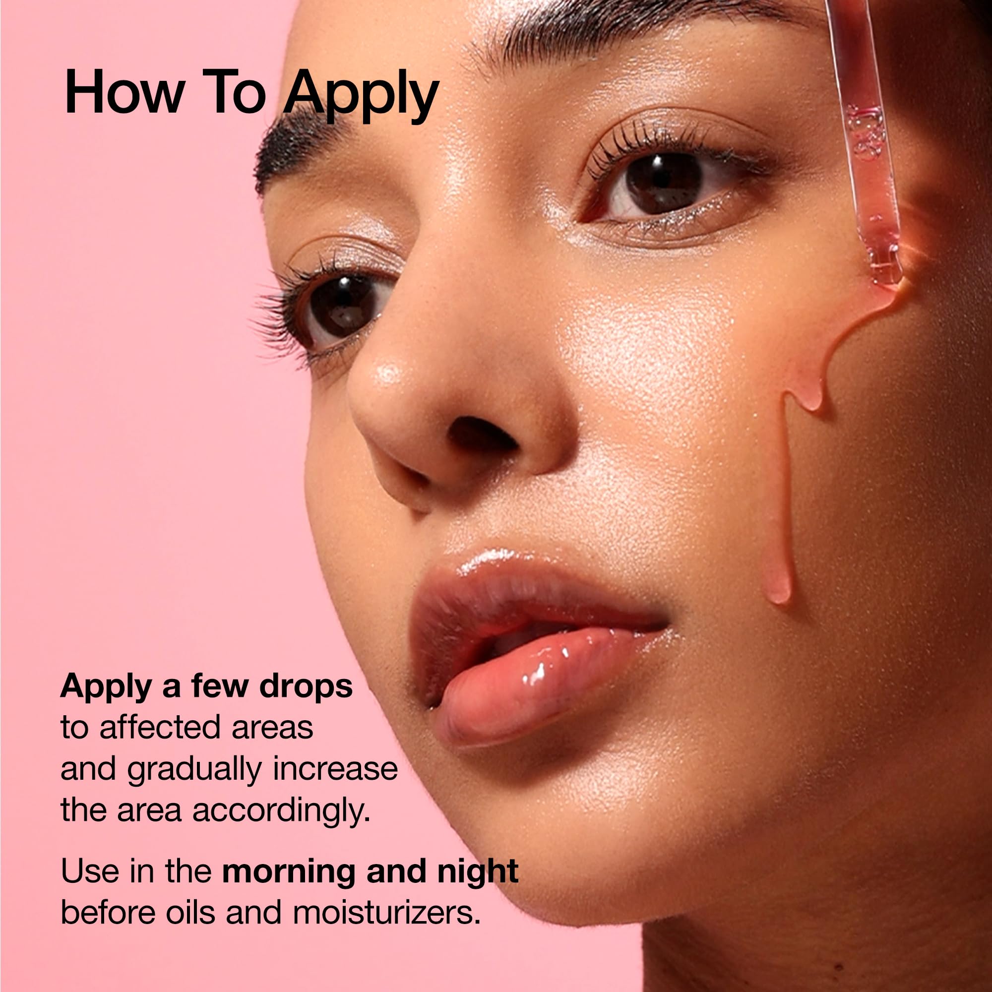 Close-up of woman applying tranexamic acid serum fragrance free with dropper on her face