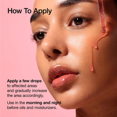 Close-up of woman applying tranexamic acid serum fragrance free with dropper on her face