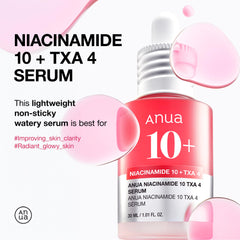 Anua Niacinamide 10 plus TXA 4 serum bottle for improving skin clarity and radiant glow tranexamic acid serum fragrance free