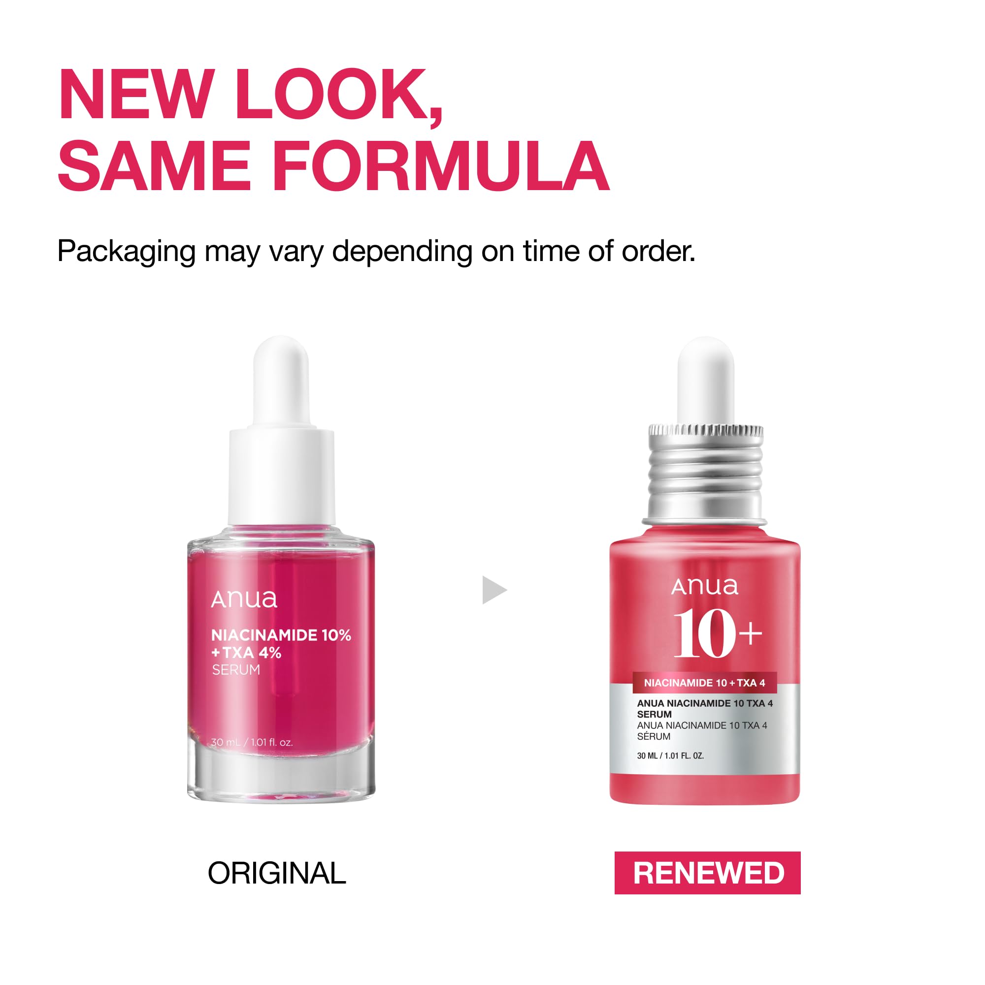 Original and renewed bottles of tranexamic acid serum fragrance free by Visit the ANUA Store with updated packaging