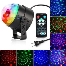 Black LED disco ball light with rainbow prism globe, remote controller, and plug cord