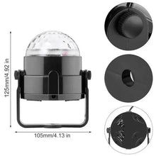 Compact black LED disco ball light with rainbow dome, shown with dimensions