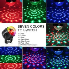 LED disco ball light casting multi-color circular light patterns