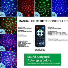 LED disco ball remote control diagram with sound-activated mode buttons
