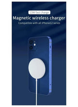 White circular magnetic wireless charger attached to a phone with cable