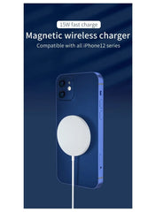 Huitich 15W magnetic wireless charger for iPhone attached to a blue iPhone 12 series phone