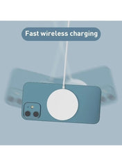 Huitich 15W magnetic wireless charger for iPhone showing fast wireless charging on blue phone
