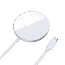 White circular magnetic wireless charger with USB cable and connector