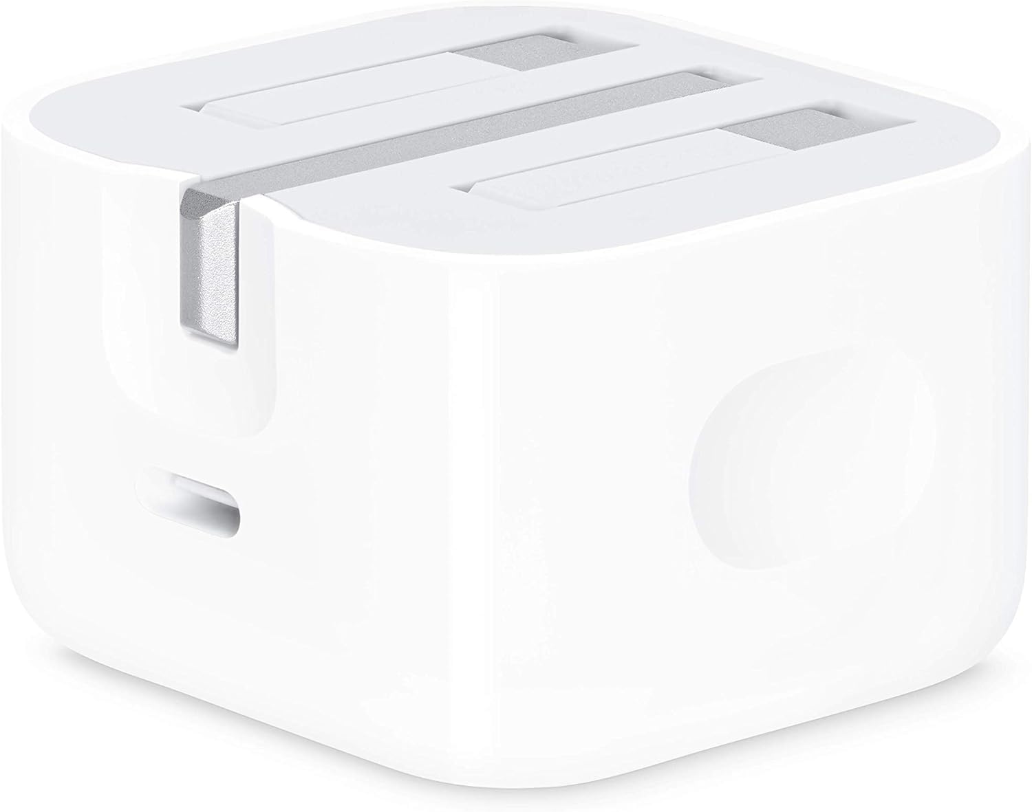 White fast charging adapter for iPhone with compact design from the Apple Store