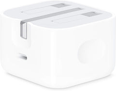 White fast charging adapter for iPhone with compact design from the Apple Store