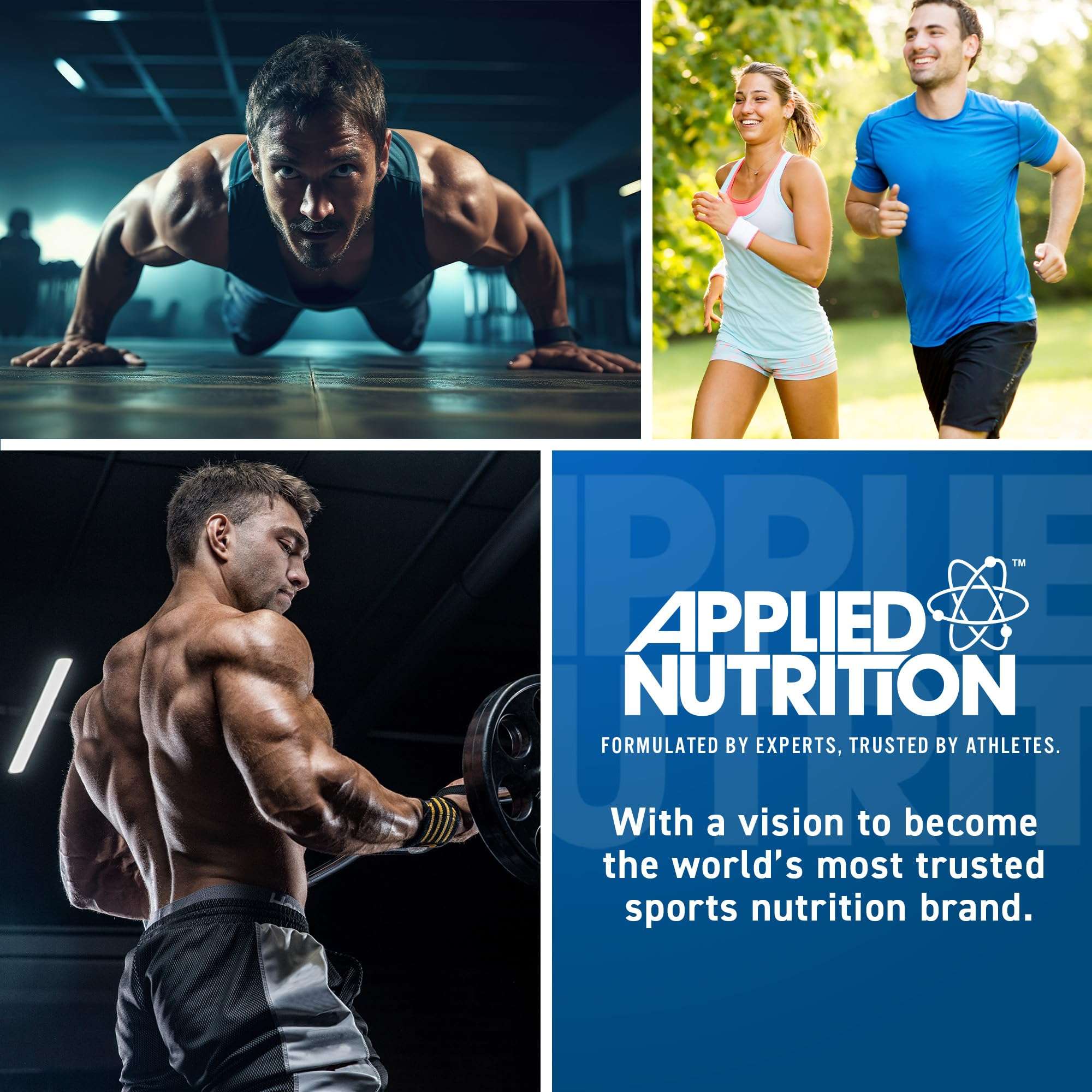 Applied Nutrition whey protein isolate powder UAE collage of athletes jogging lifting weights and brand logo