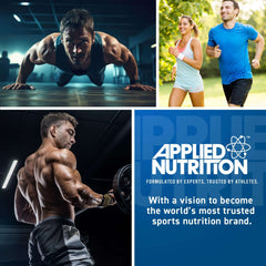 Applied Nutrition whey protein isolate powder UAE collage of athletes jogging lifting weights and brand logo