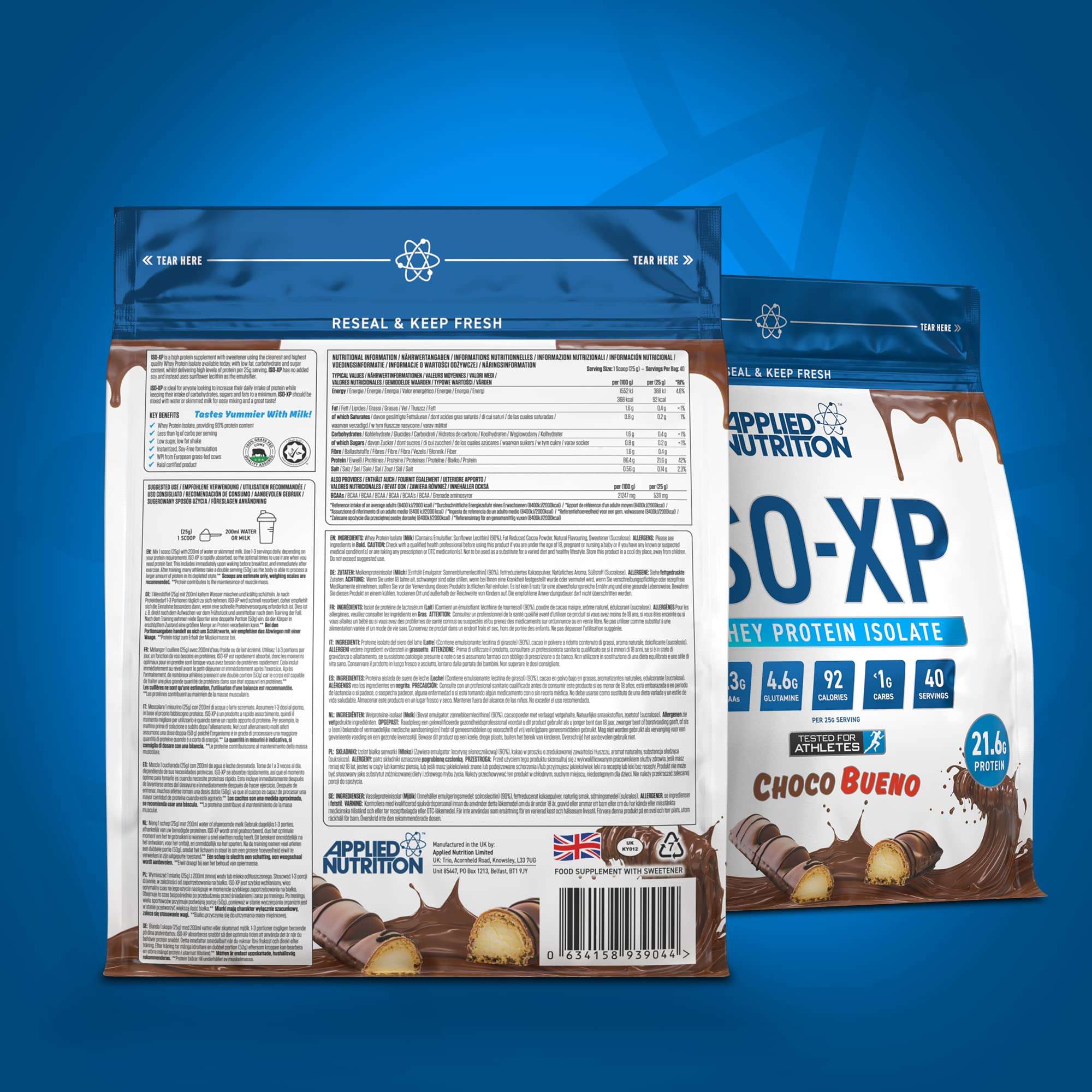 Applied Nutrition ISO XP Choco Bueno resealable front and back bags of whey protein isolate powder UAE packaging