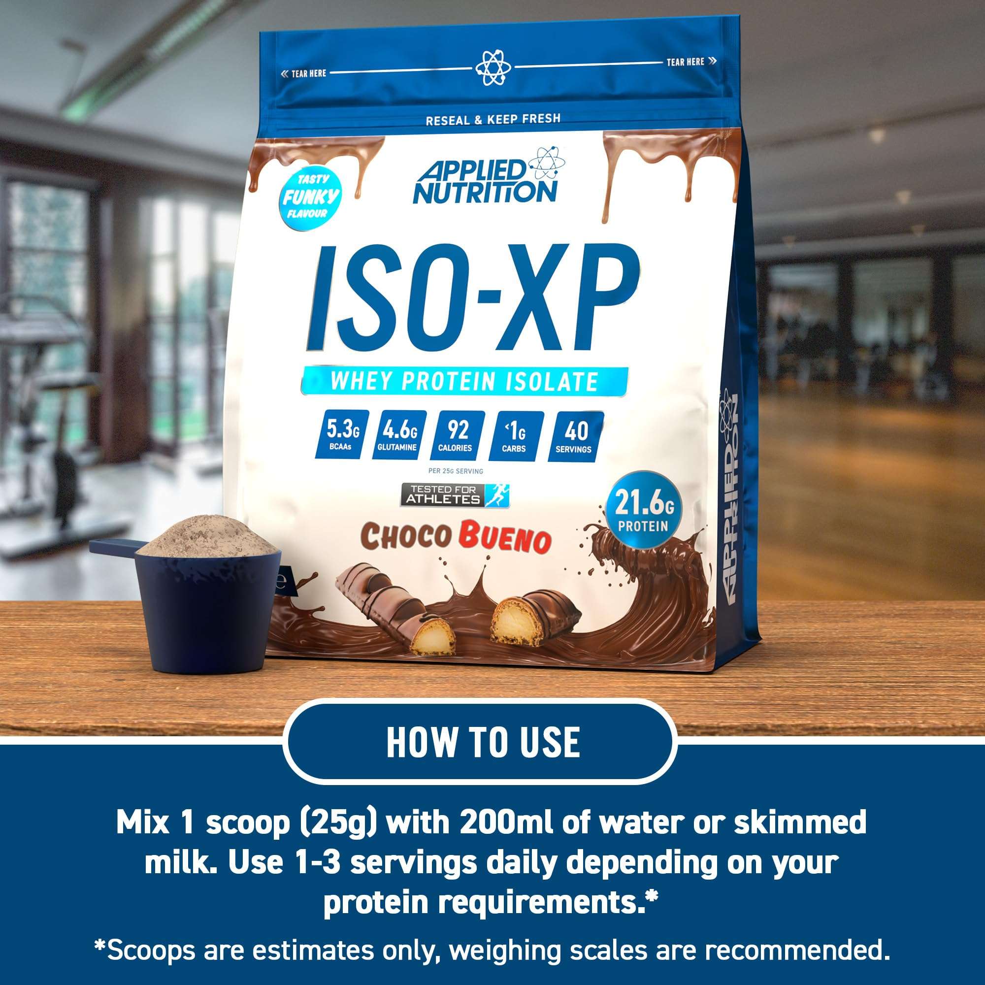 Applied Nutrition ISO XP Choco Bueno bag with scoop whey protein isolate powder UAE on gym counter