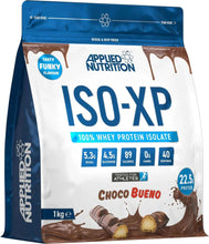 Whey protein isolate bag, white with blue top and Choco Bueno flavor details