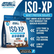 ISO-XP whey protein isolate supplement bag with Choco Bueno and nutrition icons