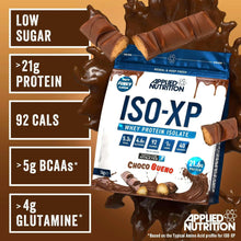 ISO-XP whey protein isolate bag with chocolate bar graphic and low sugar callouts