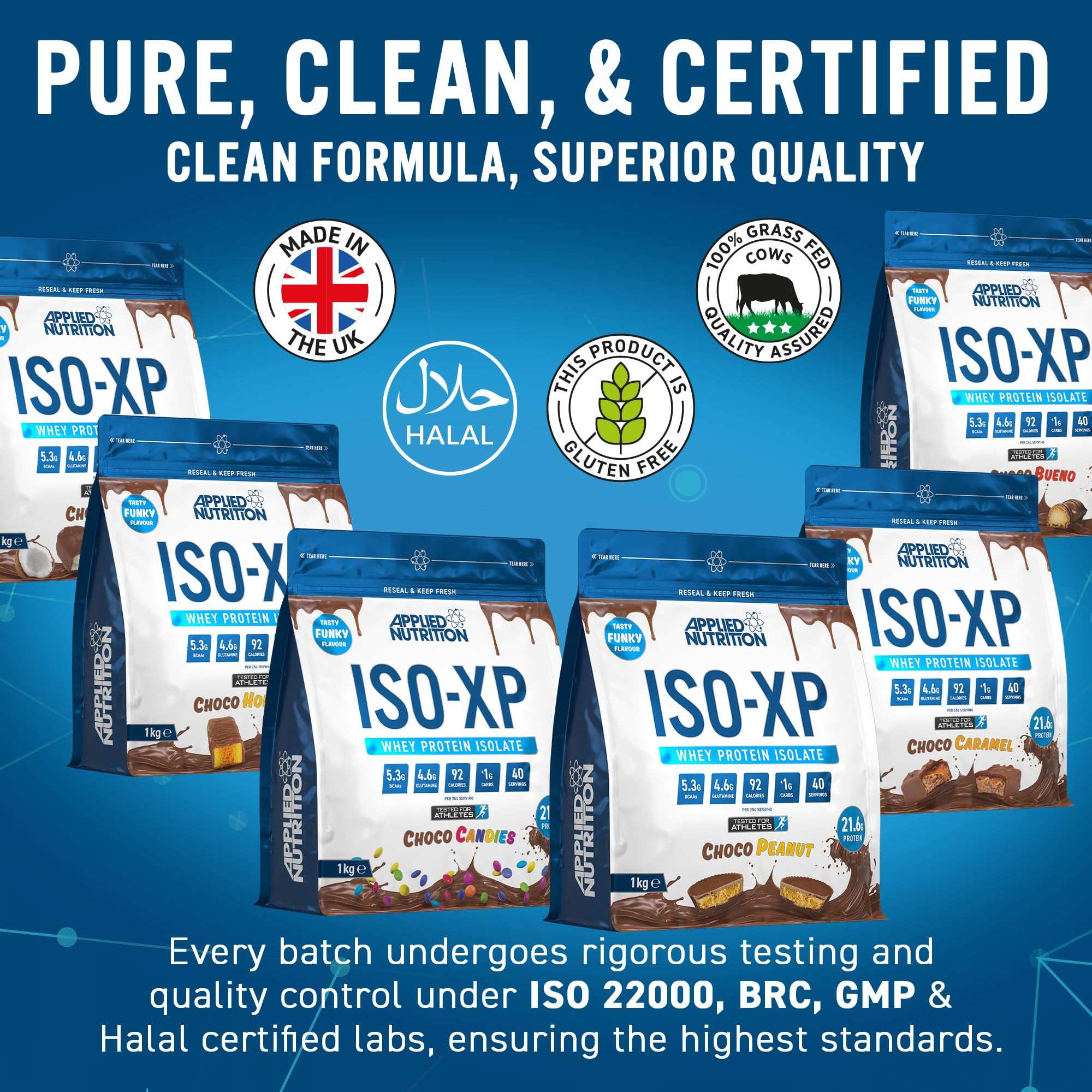 Applied Nutrition ISO XP whey protein isolate powder UAE multiple chocolate flavor bags with purity and certification badges
