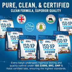 Applied Nutrition ISO XP whey protein isolate powder UAE multiple chocolate flavor bags with purity and certification badges