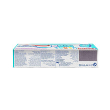 Toothpaste box back panel, white and teal, printed ingredients and directions, 50 ml