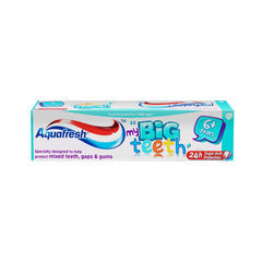 Aquafresh Big Teeth toothpaste for kids. Box of Aquafresh my Big Teeth fluoride toothpaste for ages 6 years and up