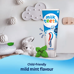 Aquafresh Milk Teeth 50ml tube with plush bunny and mint leaves baby toothpaste for 0-2 years