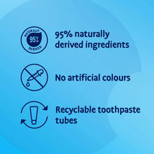 Toothpaste claims: 95% naturally derived, no artificial colours, recyclable tubes