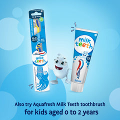 Aquafresh Milk Teeth toothpaste tube and baby brush packaging with mascot illustrating baby toothpaste for 0-2 years