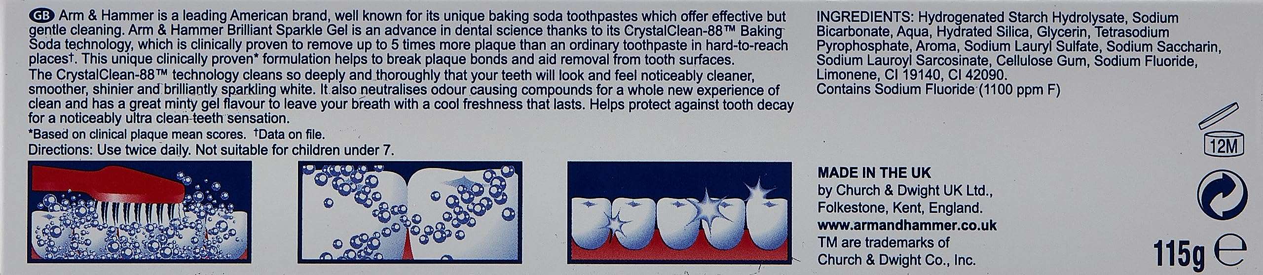 Back of Arm & Hammer Advance White toothpaste box showing ingredients directions and whitening before and after icons