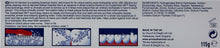 Toothpaste box back with ingredient panel and 115g marking
