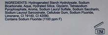Toothpaste ingredients panel with 12M usage icon