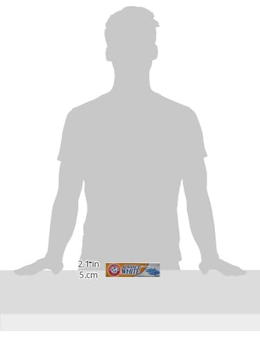 Arm & Hammer Advance White toothpaste travel size box on table with person silhouette and size measurement