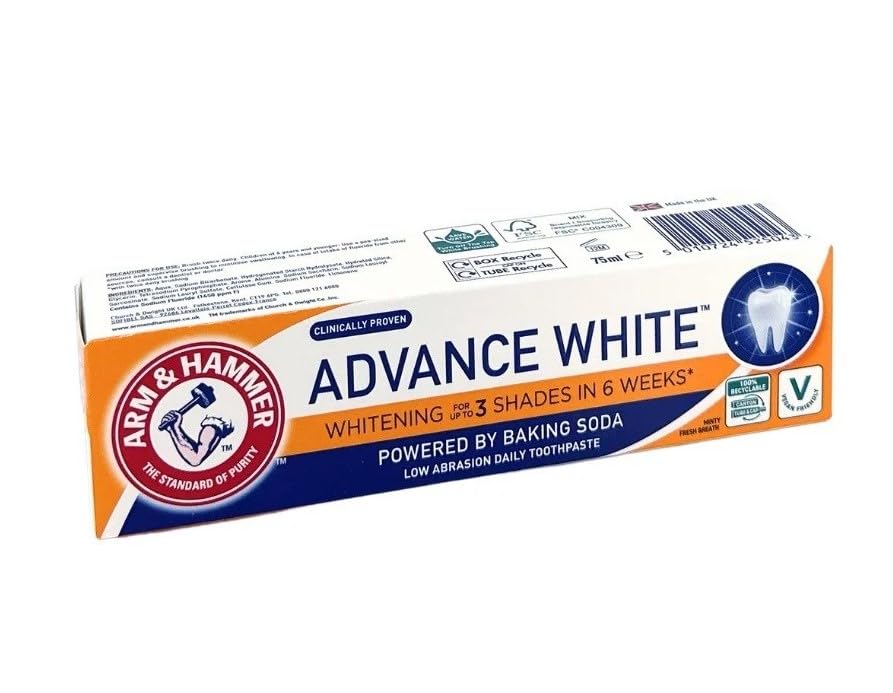 Box of Arm & Hammer Advanced White toothpaste baking soda whitening up to 3 shades in 6 weeks