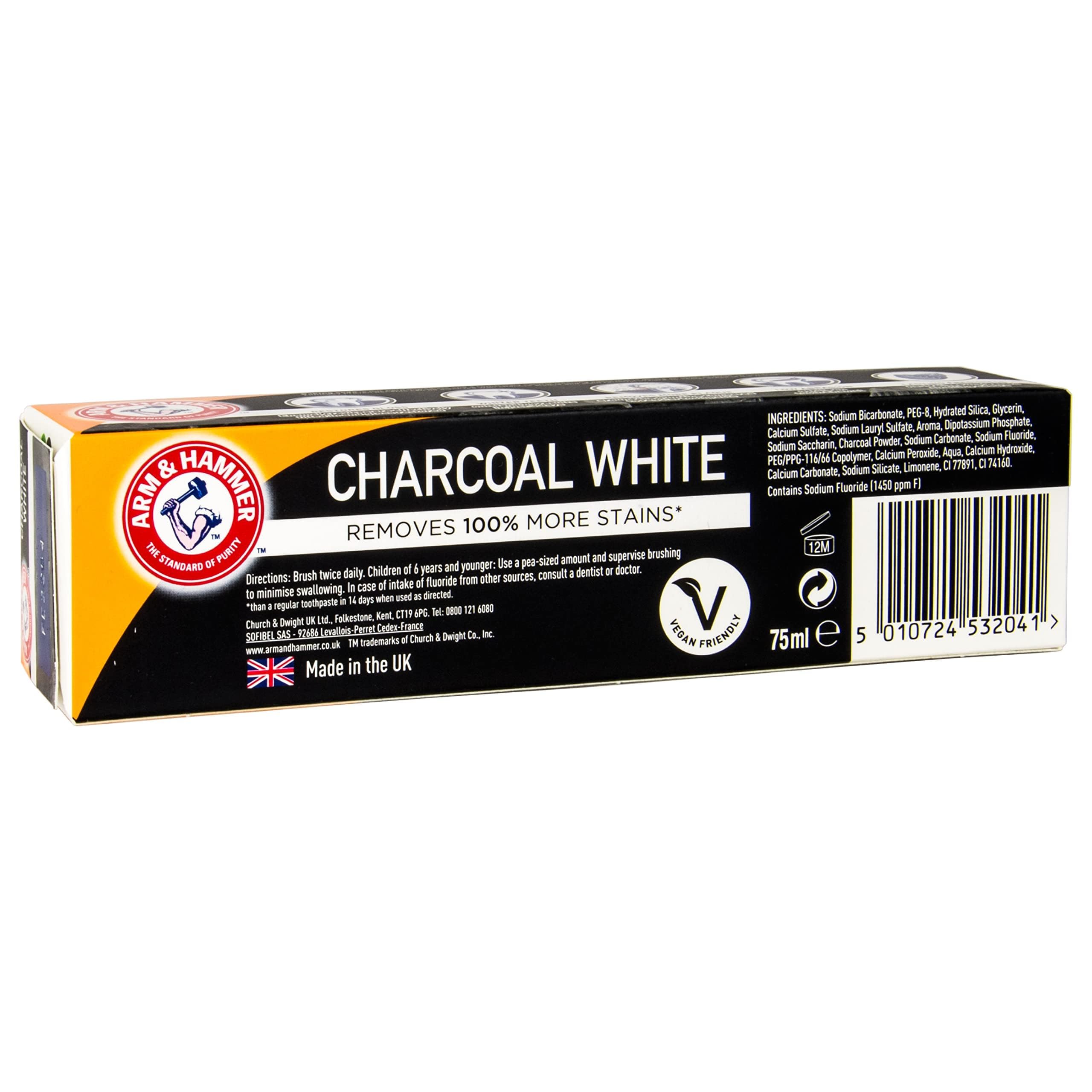 Box of ARM & HAMMER charcoal white toothpaste 75ml tube packaging showing charcoal white branding and ingredients