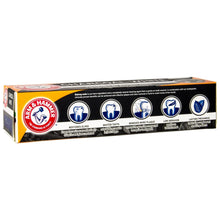 Charcoal White toothpaste box with feature icons and ARM & HAMMER seal.